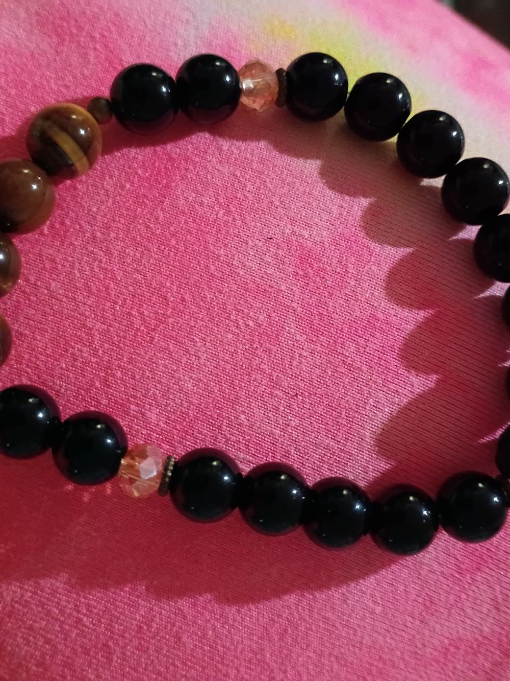 Black Obsidian And Tiger's EyeBeaded Women's Stretch Bracelet with Brown Accents